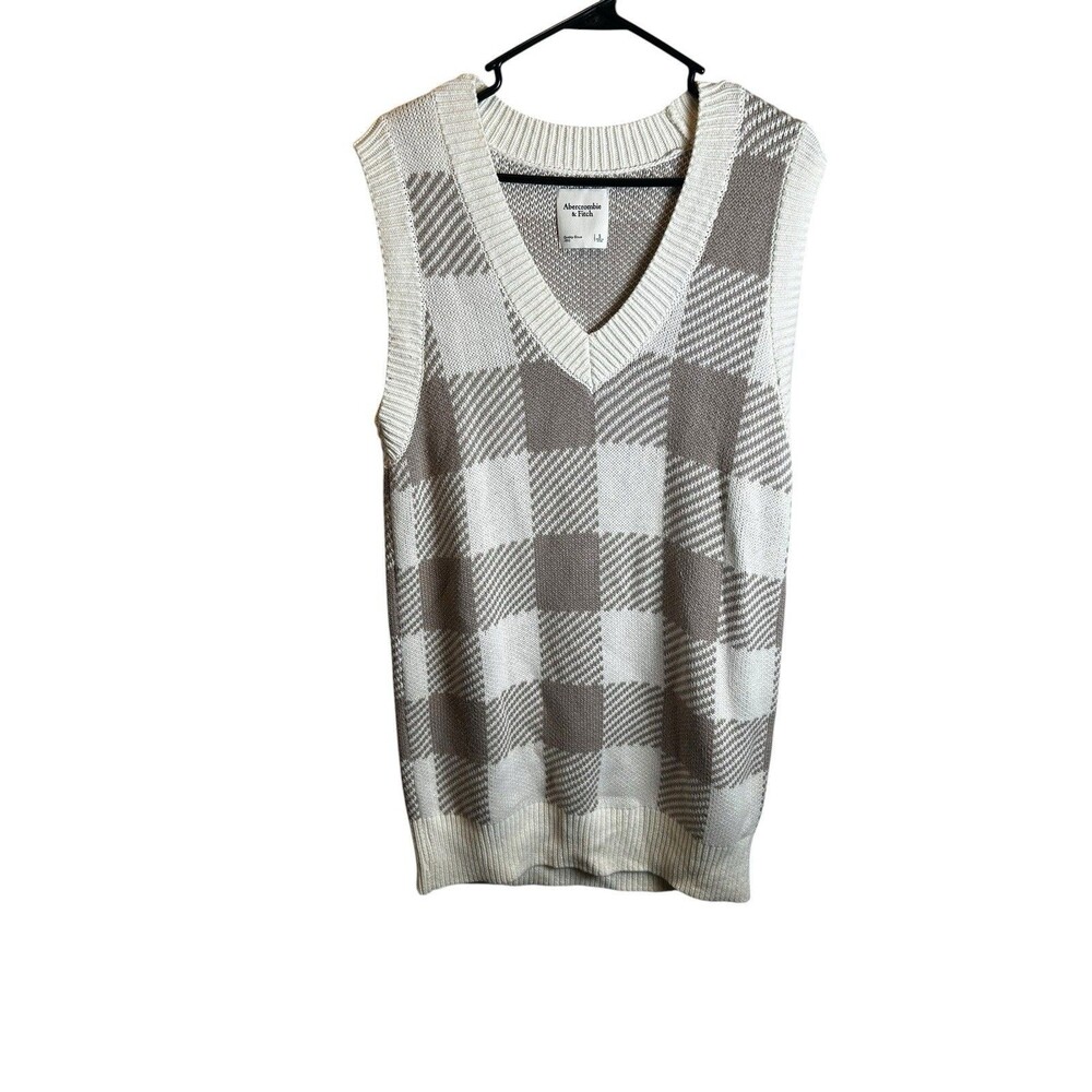 Abercrombie & Fitch Taupe Cream Checkered V-Neck Sweater Dress Knit Sz S